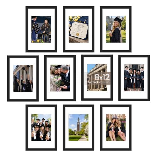 Image of upsimples 8x12 Picture Frame Set of 10, Display Pictures 6x8 with Mat or 8x12 Without, Multi Photo Frames Collage for Wall or Tabletop Display, Black