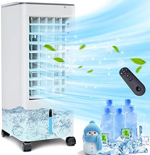 Portable Air Conditioner Evaporative Air Cooler, Adjustable Normal & Cool Mode, 3 Speeds, 20Ft Remote Control, 12 Hour Timer, 100 Degree Oscillation, 5 Ice Packs, for Home School Office Indoor Outdoor