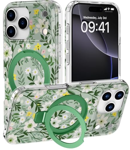 DEENAKIN for iPhone 17 Pro Max Case - Wireless Charging Compatible - Integrated Multi-Functional Kickstand - Protective Phone Case with Trendy Cute Designs for Women - Floral Greenery