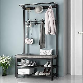 ZGNB Metal Tall Entryway Coat Stand with Shoe Rack and 4 Hooks, Industrial Coat Rack Free Standing Hall Tree with Shoe Bench, Metal Frame, for The Family Bedroom Hall L:80/100CM