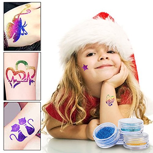 Xpassion Tattoo-set met tijdelijke glitter, voor kinderen, tieners en volwassenen, met 15 kleuren glitters, 48 vellen, uniek thema-tattoosjabloon - Image 4