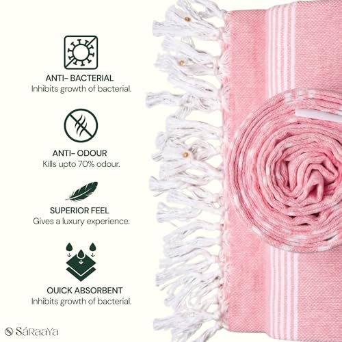 Image of Ultrasoft Bamboo Bath Towel for Travel, Gym & Beach | Quick Dry, Compact & Lightweight | Turkish Striped Satin Weave | Pink | 63x33 Inch | 210 GSM