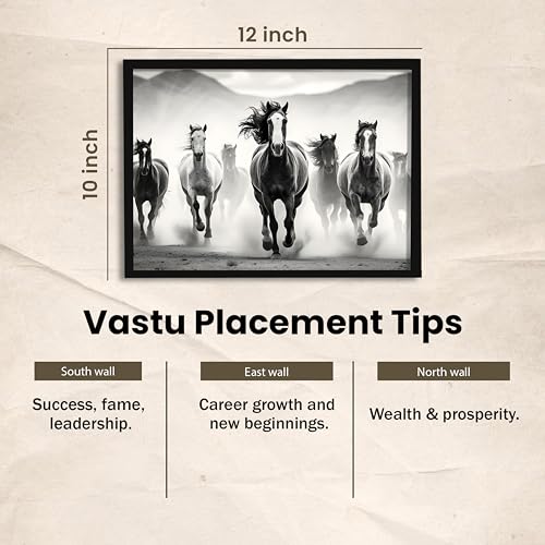 Image of 7 Running Horses Vastu Framed Wall Art Painting For Living Room | Black & White Horse Painting With Frame| Premium Wall Art for Home & Office, 10x12 Inch