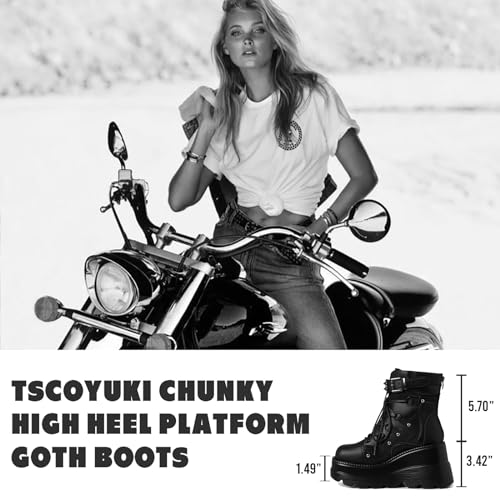 Tscoyuki Platform Ankle Boots for Women Chunky High Heel Booties Goth Round Toe Combat Boots Women Lace Up Motorcycle Wedges4
