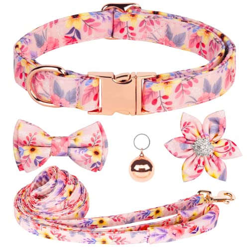 AUAUY Hundehalsband und Leine, verstellbares und bequemes Halsband, Blumenmädchen-Blumenmuster und Gravur, Haustierhalsbänder mit schöner Fliege und Glöckchen für kleine, mittelgroße und große Hunde