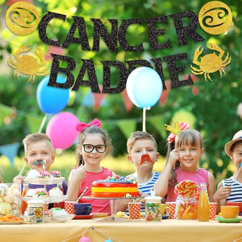 Image of Cancer Baddie Banner for June July Birthday Party Decorations, Black Gold Zodiac Cancer Birthday Banner for Horoscope, Astrology Bday Party Decor, Ideas, Jokes and Favors (Black + Gold)