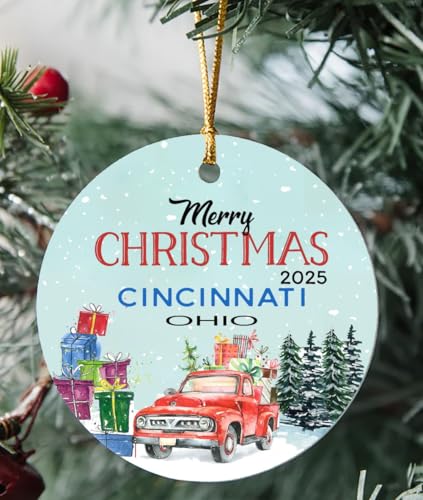 Merry Christmas Ornament with Custom Name Cincinnati Ohio OH State - Red Truck Ornaments for Christmas Tree 2025 - Keepsake Gift Ideas Ornament 3" Circle Flat