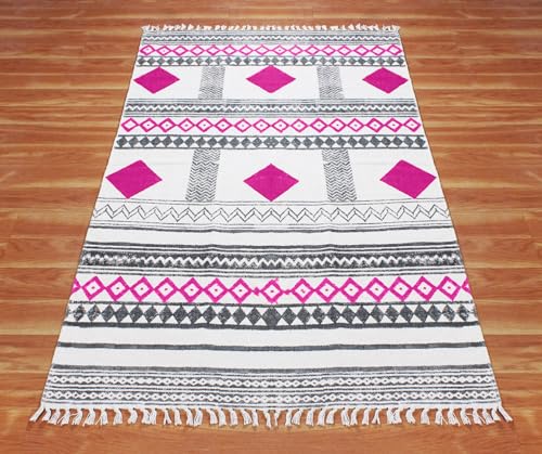 Tapis de Noël Dhurrie抗污棉质粉色地毯解决客厅走道多磨损问题 - 6