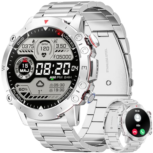 LZUEFK Smart Watch with Answer/Make Call, 1,53" HD Touch Screen Smart Watches for Men with Heart Rate/Sleep Monitor Fitness Watch, IP67 Waterproof Stainless Steel Smartwatch for Android iOS Silver
