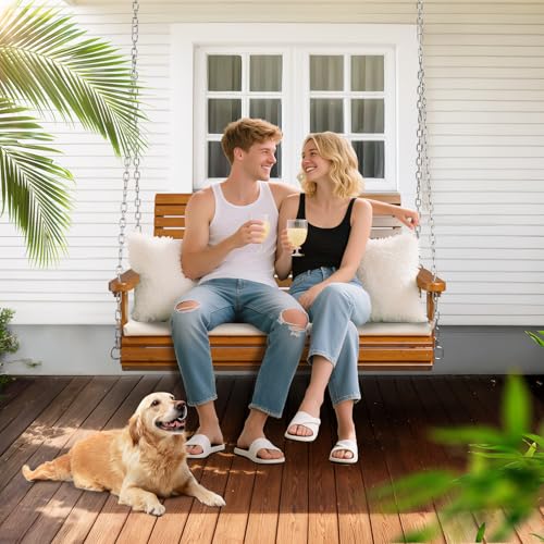 Image of VINGLI 4 FT Heavy Duty Porch Swing with Cushion, 880 LBS Wooden, Brown