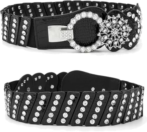 Women's Rhinestone Belt, Genuine Leather Black Crystal Stretchy Retro Wide Waist Cinch Belt for Dress