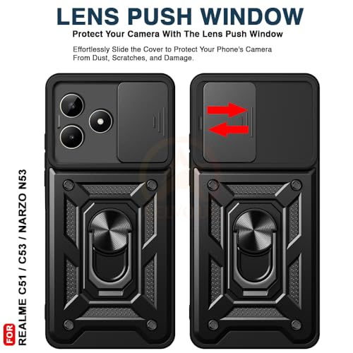 Image of Armor Bumper Back Cover Case for Realme N53 / C51 / C53 Rotating Camera Cover, Ring Holder & Kickstand | Heavy Duty & 360 Degree Protection Realme N53 / C51 / C53 Back Cover (Black)
