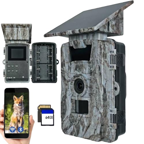 EMEBAY Cámara de Caza Solar con Tarjeta SD de 64GB, 4K 60MP WiFi Cámara de Caza con Batería Recargable 5200mAh, Cámara de Fototrampeo con Visión Nocturna Infrarroja, Detección de Movimiento, IP66