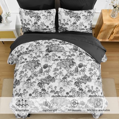 Image of DJY Black Comforter Set Queen, 7 Pieces Black and White Botanical Comforters Queen Size Elegant Plants Print with Sheets Bed in a Bag Soft Microfiber Reversible Complete Bedding Sets for All Season