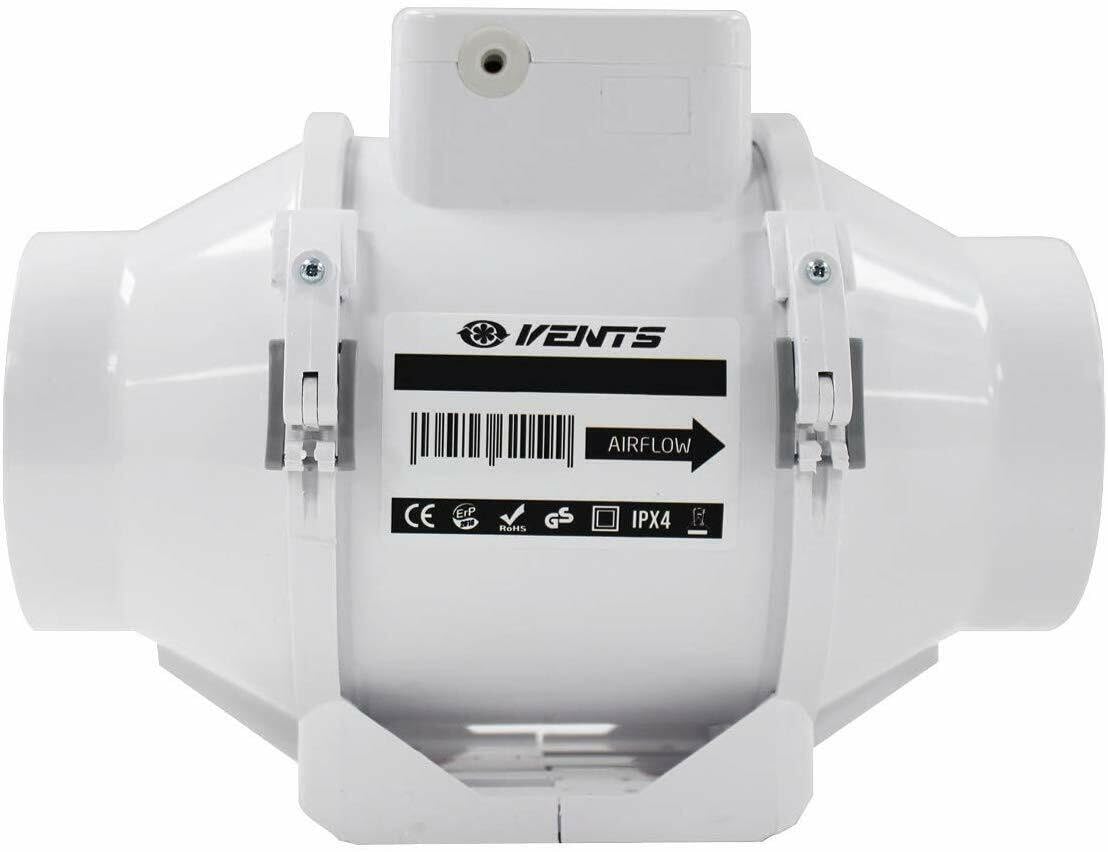 4 inch Loft Mounted Inline Shower Ceiling Powerful Ventilation Damp Control 100mm In Line Bathroom Extractor fan with Run On Timer 100 mm Silent In-line Toilet Ventilator