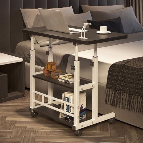 Warmiehomy Movable Computer Desk with USB Ports, Height Adjustable Office Desk with 2 Shelves, Mobile Laptop Table with A Small Fan&Light, Overbed Table for Living Room, Bedroom, 60x37x60-90cm, Black