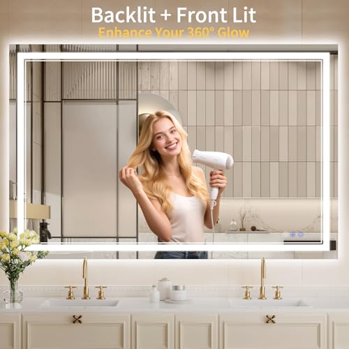 Image of 36 inchx55 inch LED Bathroom Mirror with Lights, Anti-Fog, Backlit + Front Lit, Dimmable, Led Vanity Mirror for Wall, Lighted Bathroom Mirror, 3 Colors, Shatter-Proof Tempered Glass