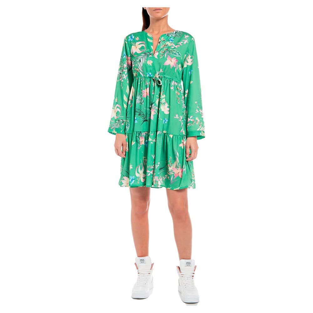 REPLAY Women's Dress Long Sleeve Knee Length, Green/Multicolor 010 (Multicolored), M