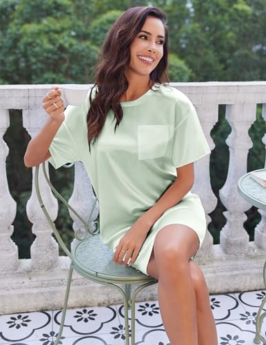 Image of Ekouaer Silky Satin Sleep Shirts for Women Nightshirt Tshirt Night Gowns | Short Sleeve Pajama Dress Round Neck Shirt Dress With Chest Pocket Cooling Nightgowns Lightweight Sleepwear