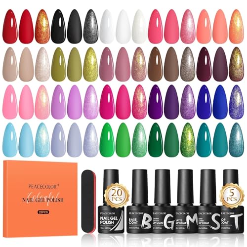 PEACECOLOR 25PCS Smalto Semipermanente Unghie - 20 Colori Rosso Bianco Nero Smalti Semipermanenti per Unghie, Base Top Coat Soak Off UV/LED DIY Nail Art Manicure Regalo