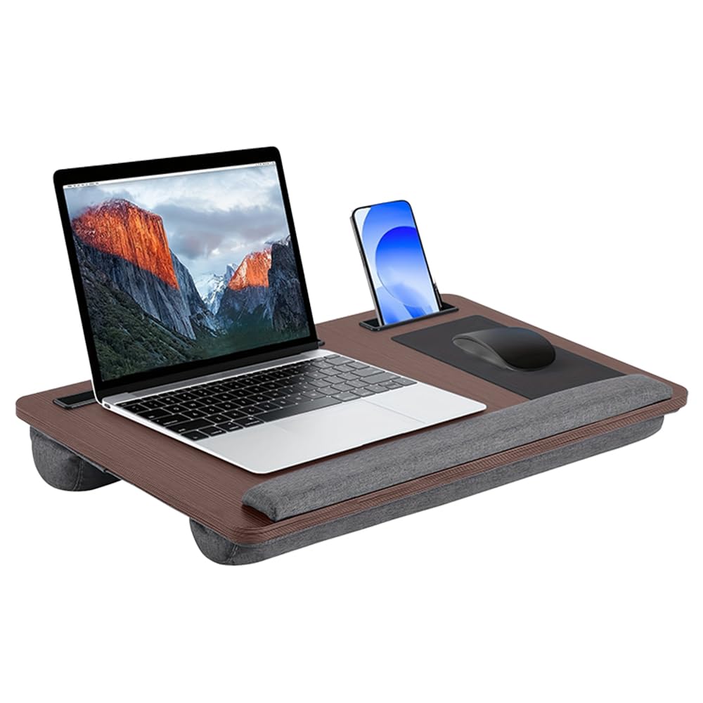 Portable Lap Desk Wood Laptop Tray with Cushion, Lightweight Laptop Stand for Bed Lap Tray with Built-In Mouse Pad, Wrist Rest, Phone Slot, Lap Stand for Sofa and Bed