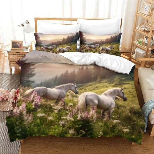 Housse de couette effet 3D cheval blanc en microfibre premium parure lit double ultra douce - 3