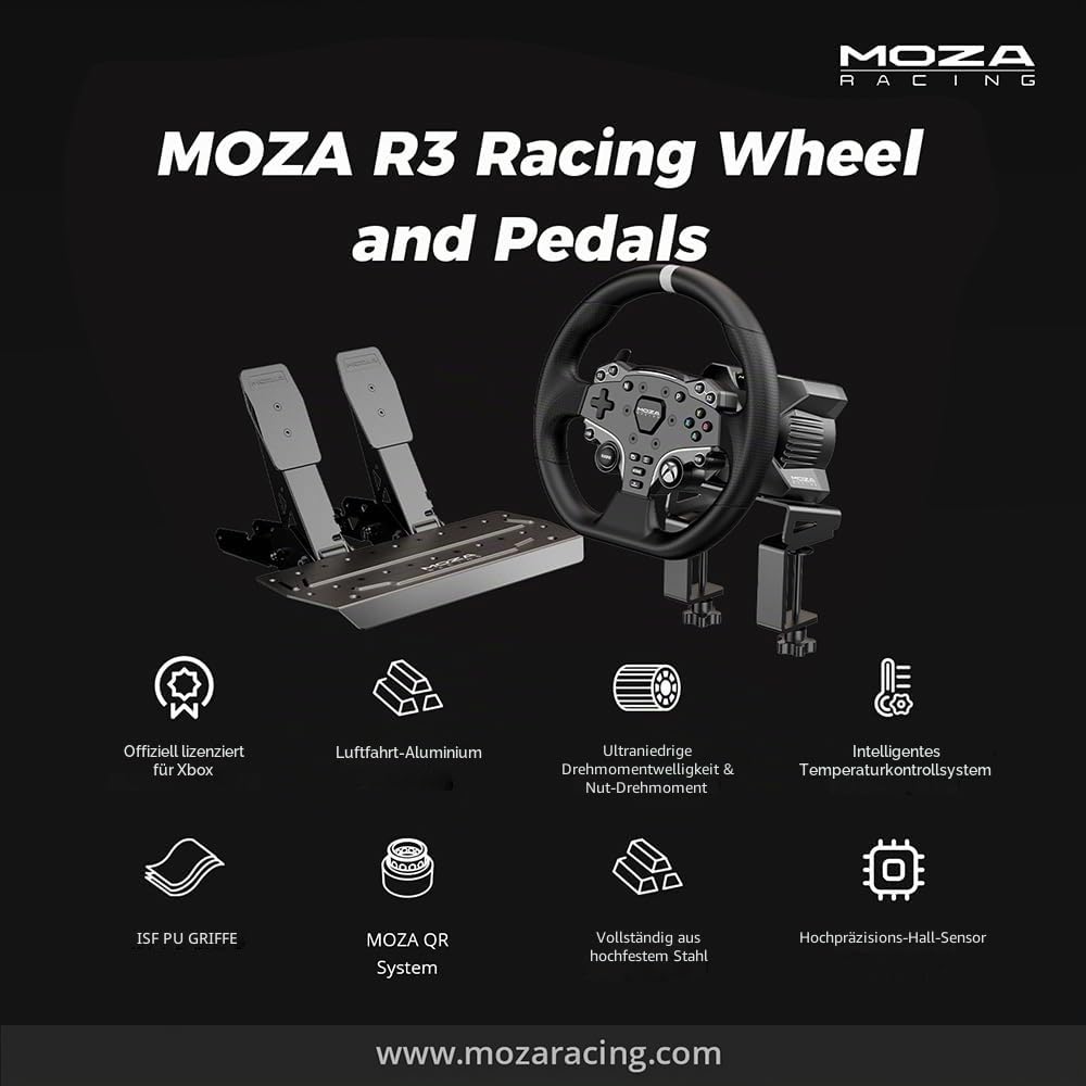 MOZA R3 Bundle Lenkrad Simulator PC mit Direktantrieb Basis 3,9 Nm, Lenkrad Xbox Series X | S und Xbox One, Sim Racing SR-P Lite Pedal, Tischklemme inklusive