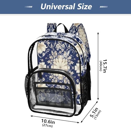 Blue White Pattern Clear Backpack - Stadium Approved Large 15.7-inch Waterproof Transparent Bag for Sports, Concerts, Work, Travel#1354