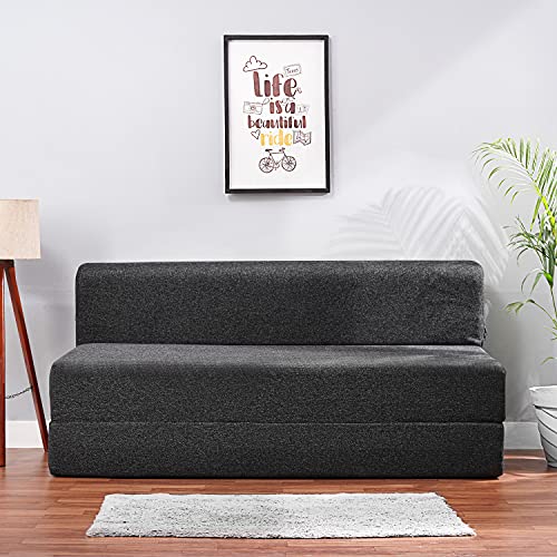 Image of Convertible Fabric Sofa Cum Bed | Foldable Double Foam & Washable Cover with Cushions | Modern Design Use Living Room & Guest Room (Dark-Grey-Multi-Chain, 5X6 Ft)