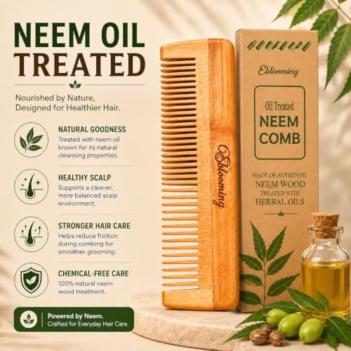 Image of Neem Wooden Hair Comb | Dual Tooth Wooden Comb for Women & Men | Wide & Fine Tooth Detangling Comb | Smooth Rounded Teeth for Everyday Hair Care & Styling | 1 Piece