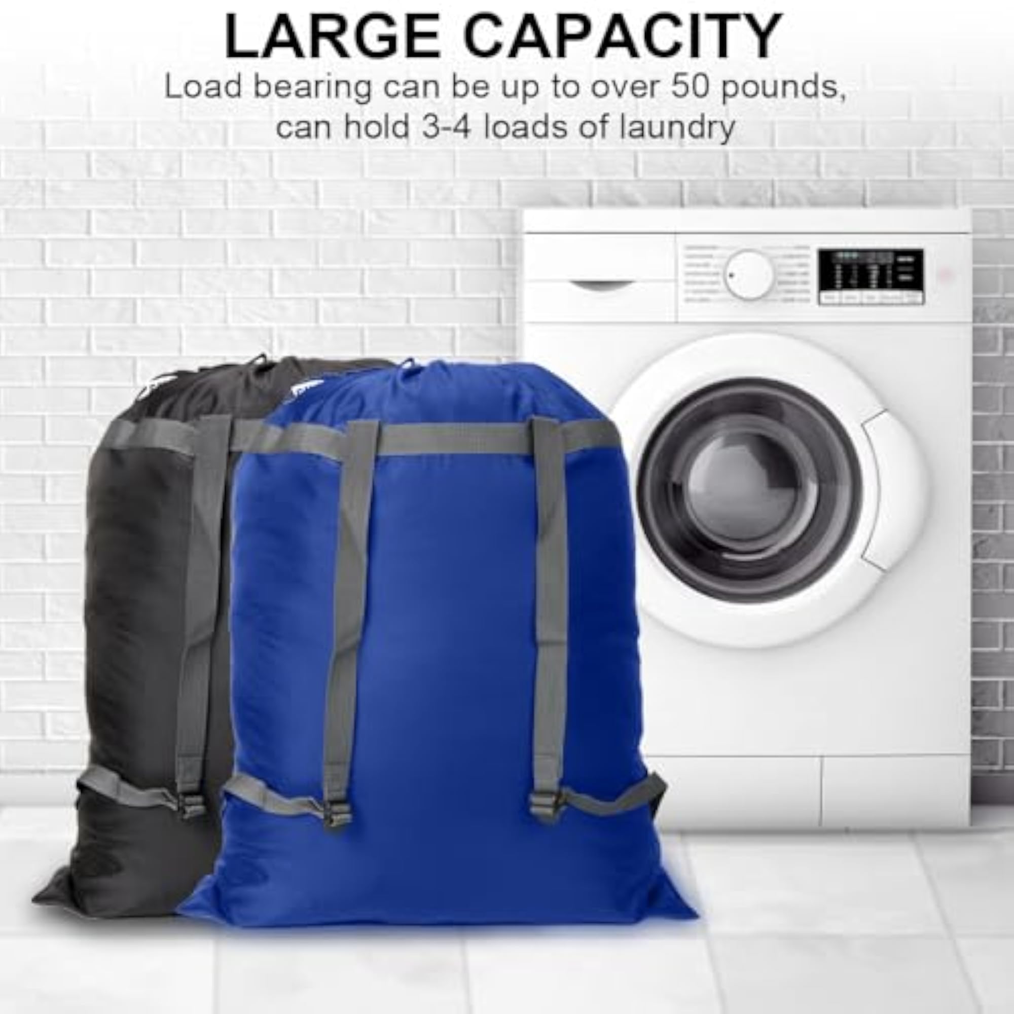 Laundry Bag Backpack with Straps, Black & Blue