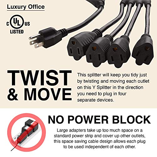 Image of 4 Way Power Splitter - 1 to 4 Extension Cord Splitter, 1.5' Short Extension Cord UL Listed, Outlet Splitter 3 Prong, Power Strip Outlet Plug, Y Style Extension Cord, Black, SJT 16 AWG by Luxury Office