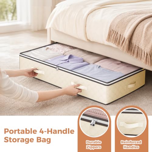 Image of Budding Joy 6 Pack 90L Under Bed Storage Containers Beige | Clothes storage bins foldable storage bags with clear window for blanket, comforter, sweaters, pillows, wrapping paper