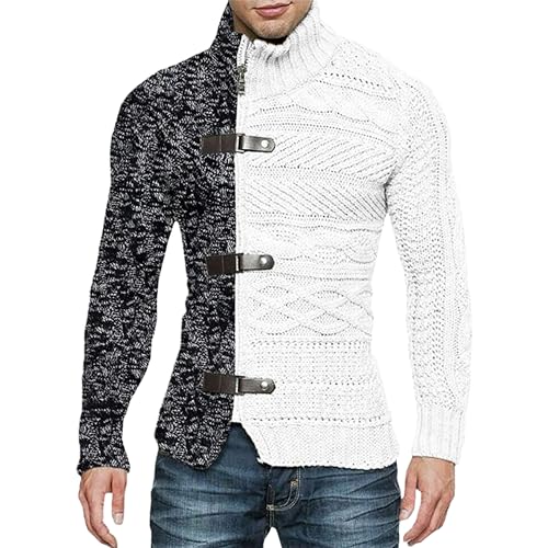 Men's Color Block Winter Warm Knitted Sweater Turtleneck Open Front Outdoor Sweater Slim Fit Cardigan Casual Sweaters
