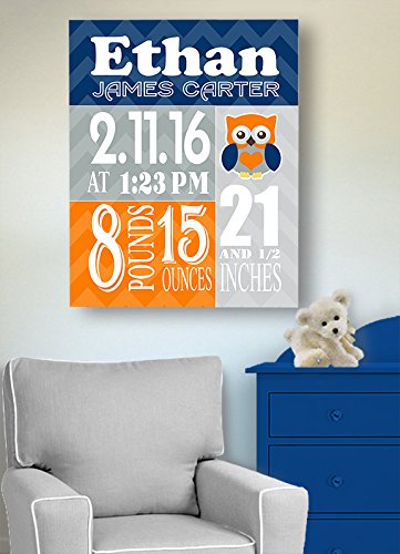 Personalized Stretched Canvas Birth Announcement Gift, Custom Baby Name, Date, Weight Stats, Newborn Owl Nursery Wall Art Decor, Wooden Frame Construction, Ready to Hang 24X30