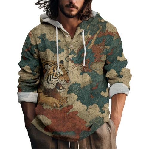 Men's Japanese Long Sleeve Hoodie, Japanese Art Funny Cat Chinese Panda Quarter Button Hoodie Casual Cool Top For Spring Fall