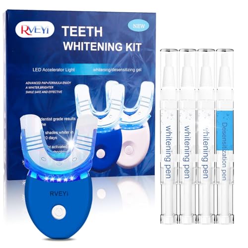 Image of RVEYi Teeth Whitening Kit for Sensitive Teeth with LED Light, 35% Carbamide Peroxide Gel Syringes and Remineralizing Gel, Blue