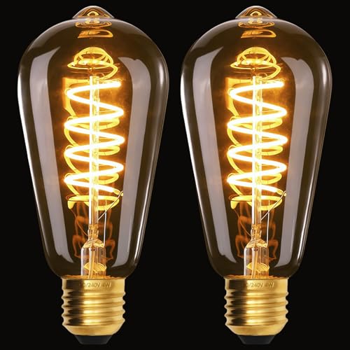 Terafeels 2 Pack E27 Vintage LED Light Bulbs ST64 4W Spiral Filament 2700K Warm White Glow Amber Glass Dimmable Edison Screw in Light Bulb