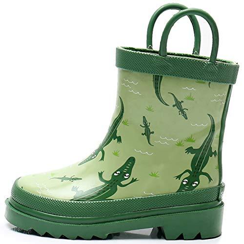 SOLARRAIN Boys Rubber Waterproof Rain Boots with Easy On Handles Non Slip Durable Mud Boots Fun Printed Rain Shoes for Toddler and Kids (Green, Numeric_4)