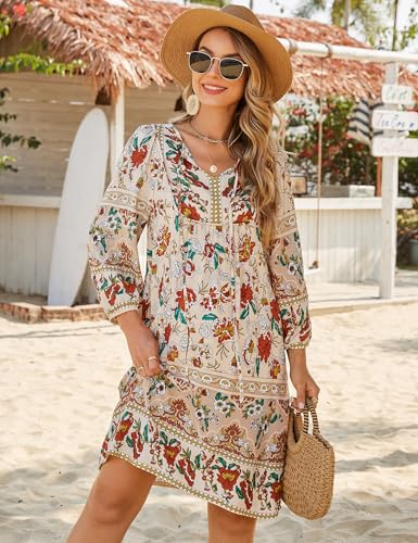 Image of Bluetime Women Casual Summer Dress Boho V Neck 3 /4 Sleeve Babydoll Floral Print Flowy Beach Dress