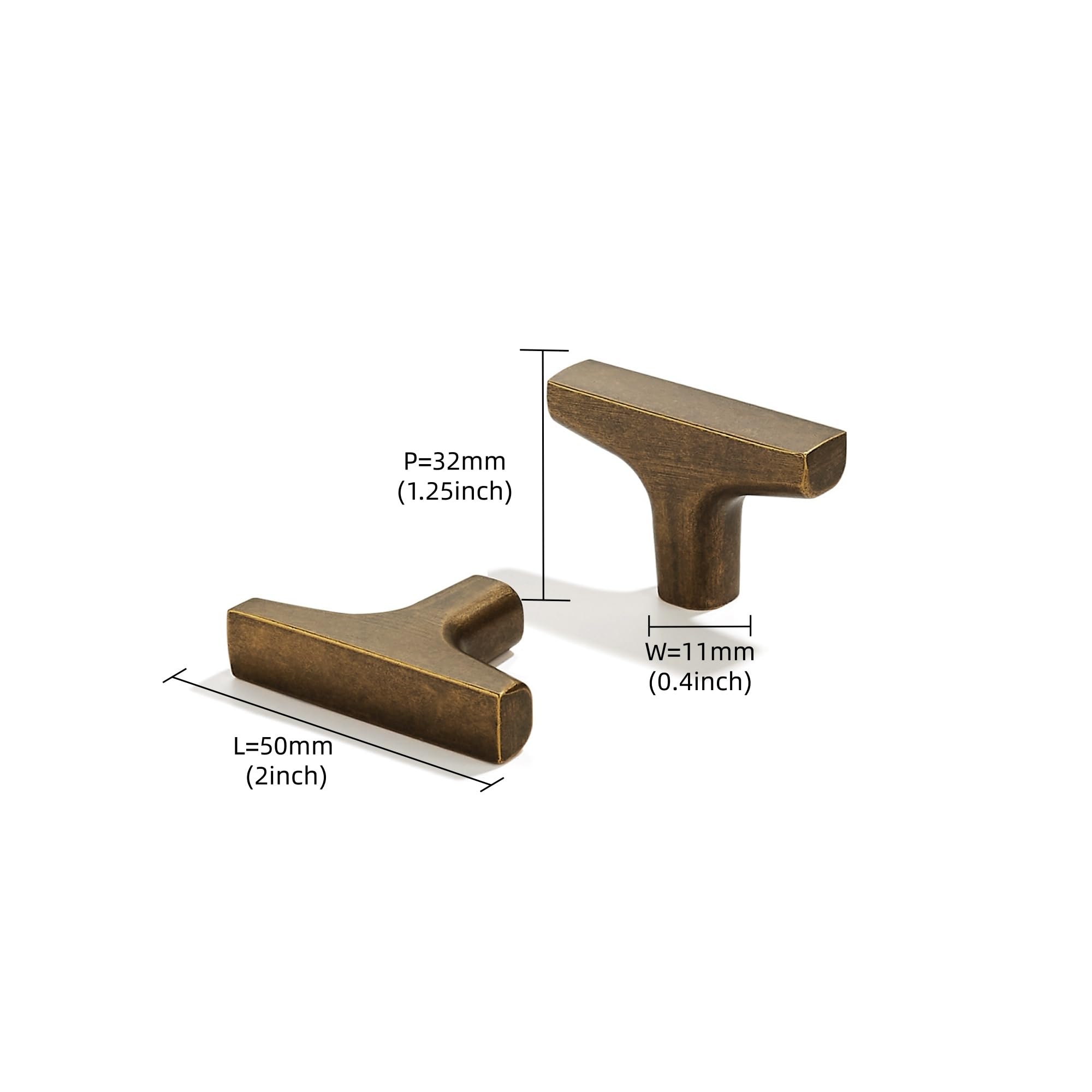 KHTUMEWARE-80347 T-Bar Knob, Antique Brass, 2 in (50 mm), 10-Pack in Antique Brass — KHTUMEWARE