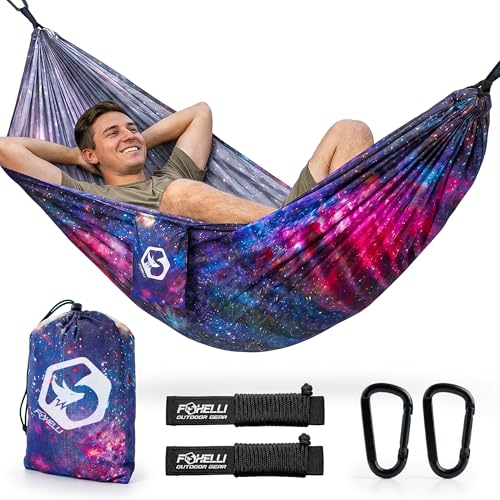 Foxelli Camping Hammock – Ultralight Hammock for Backpacking, Hiking, Festivals, Travel - Easy Setup with Tree-Friendly Ropes & Steel Carabiners, Heavy Duty Parachute Nylon
