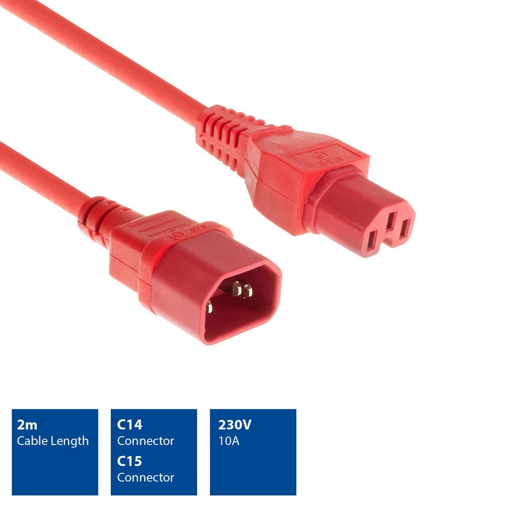 ACT Kabel do podgrzewacza 2 m, wtyczka C14 na gniazdo C15, kabel zasilający, przedłużacz, wtyczka do podgrzewacza czerwona – AK5308