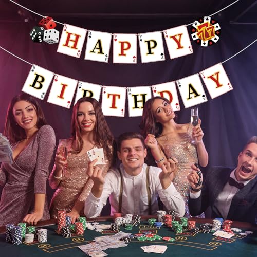 Image of Hooqict Casino Theme Party Decorations Happy Birthday Banner Casino Poker Party Banner Garland for Las Vegas Game Night Birthday Party Decorations Supplies