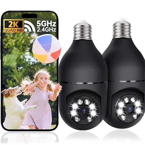 2K Light Bulb Camera Outdoor, 2.4/5GHz Wi-Fi 6 Security Cameras Wireless Outdoor, 360° PTZ Cameras for Home Security with Color Night Vision, AI Human Detection, 2 Way Talk, Easy Installation,2 Packs