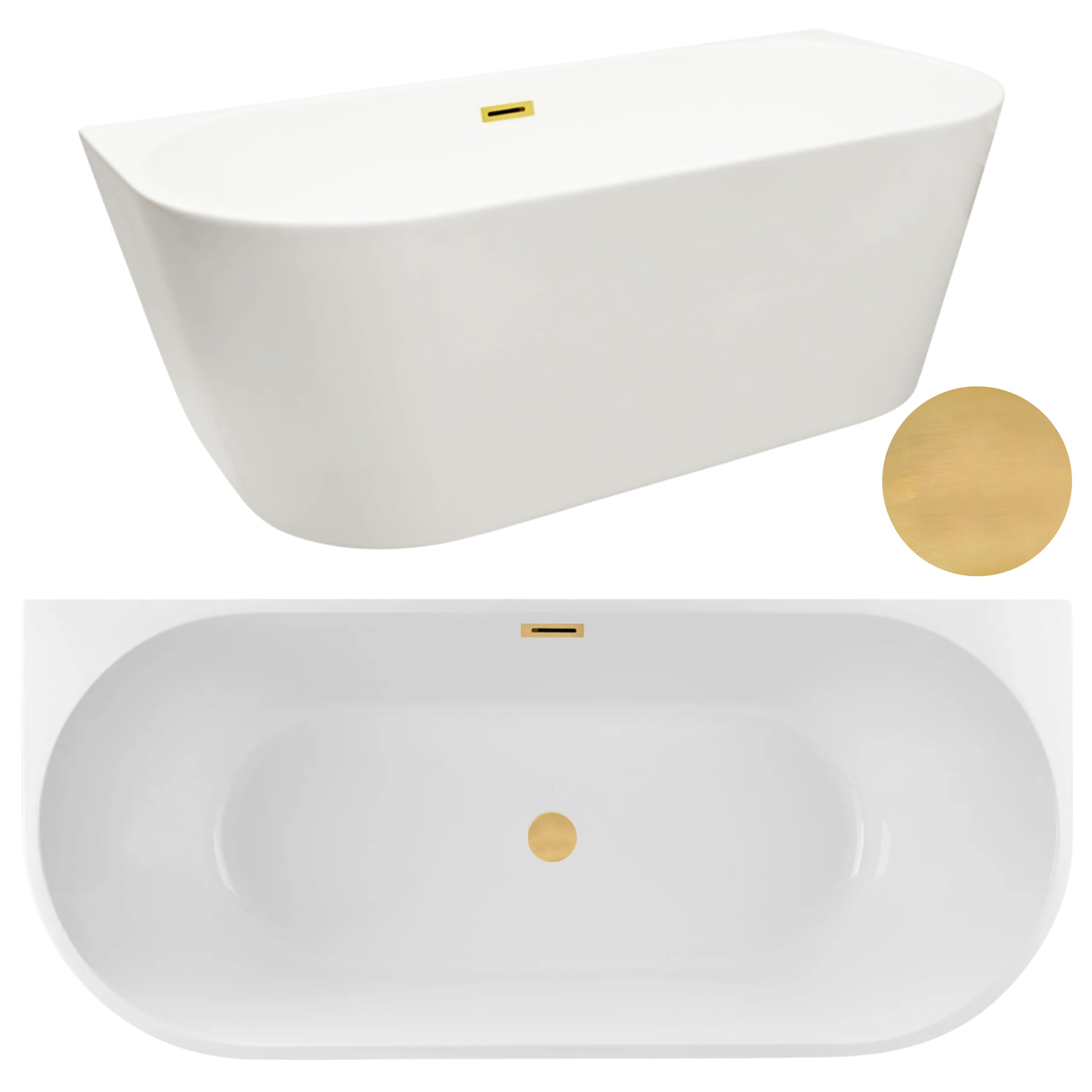 AQUAUNO Bañera acrílica independiente de 150 x 75 cm para montaje en pared de acrílico sanitario de alta calidad, con desagüe clic-clac, rebosadero, cubierta, desagüe en oro, diseño de bañera