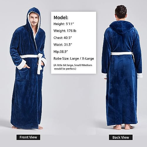 Image of FashGudim Mens Robes Big and Tall with Hood Two-Tone Flannel Fleece Contrast Bathrobe Full Length Plush Long Robe House Coat