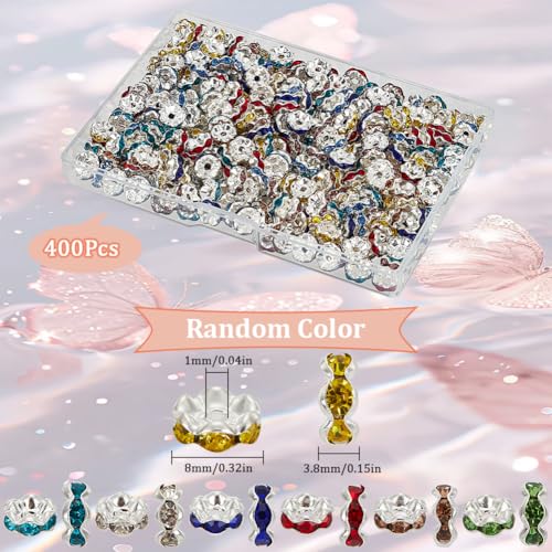 SOFPLATE 1 Box 400Pcs Random Color Rhinestone Spacer Beads 8mm Crystal Rondelle Beads Wavy Edge Brass Acrylic Loose Wave Bead for jewellery Making Supplies DIY Necklaces Bracelets Earrings Beaded Pens - Image 2