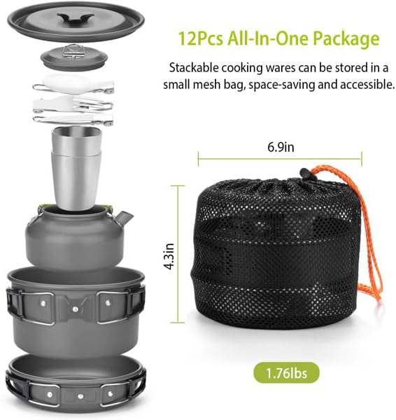 12Pcs Camping Cookware Set Camping Stove Aluminum Pot Pans Kit for Hiking Picnic Outdoor with Cup Fork Spoon Knife