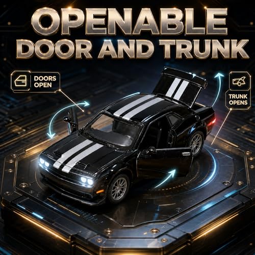 Image of GRAPHENE 1:32 Scale Metal Diecast Toy Car Black Challenger Muscle Sports Alloy Pull Back Car Toy with Music Openable Doors Light & Sound Miniature Action Racing Vehicle Gift for Kids Boys Girls Age+3